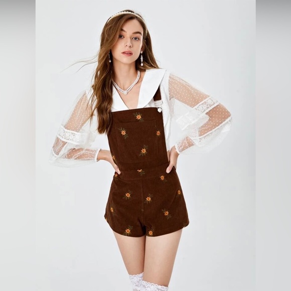 SHEIN MOD Floral Embroidered Corduroy Overall Romper SZ XL - Picture 3 of 15